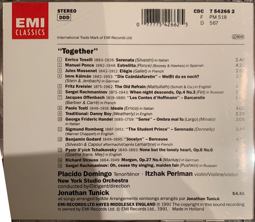Together - Placido Domingo (CD - 55) music collectible [Barcode 077775426625] - Main Image 2