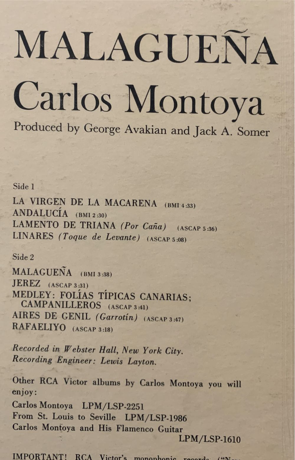 Malaguena - Montoya Carlos (12”) music collectible - Main Image 3