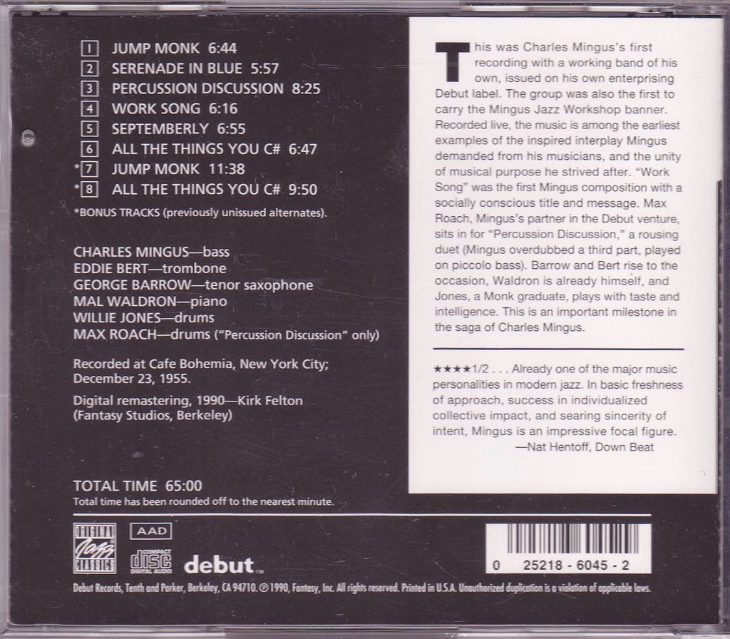 Mingus At The Bohemia - Charles Mingus (CD - 65:00) music collectible [Barcode 025218004527] - Main Image 2