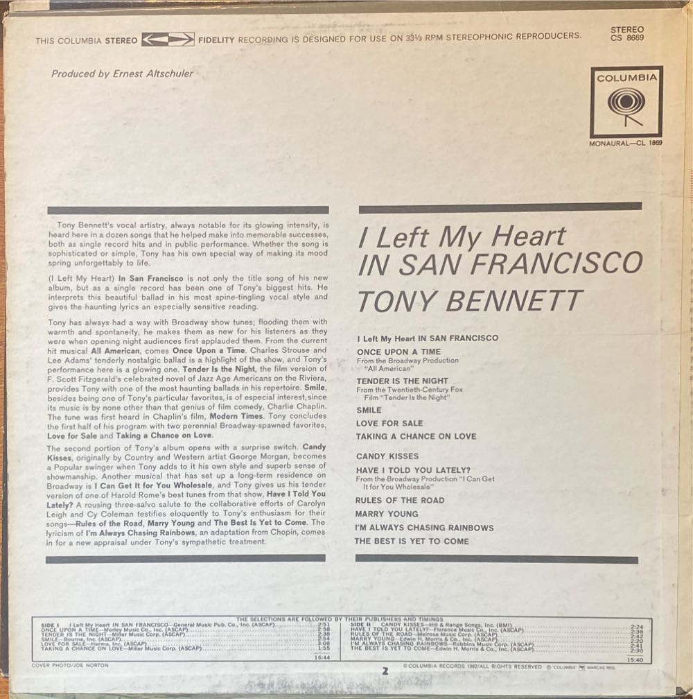 I Left My Heart In San Francisco - Tony Bennett (12” - 32) music collectible - Main Image 2