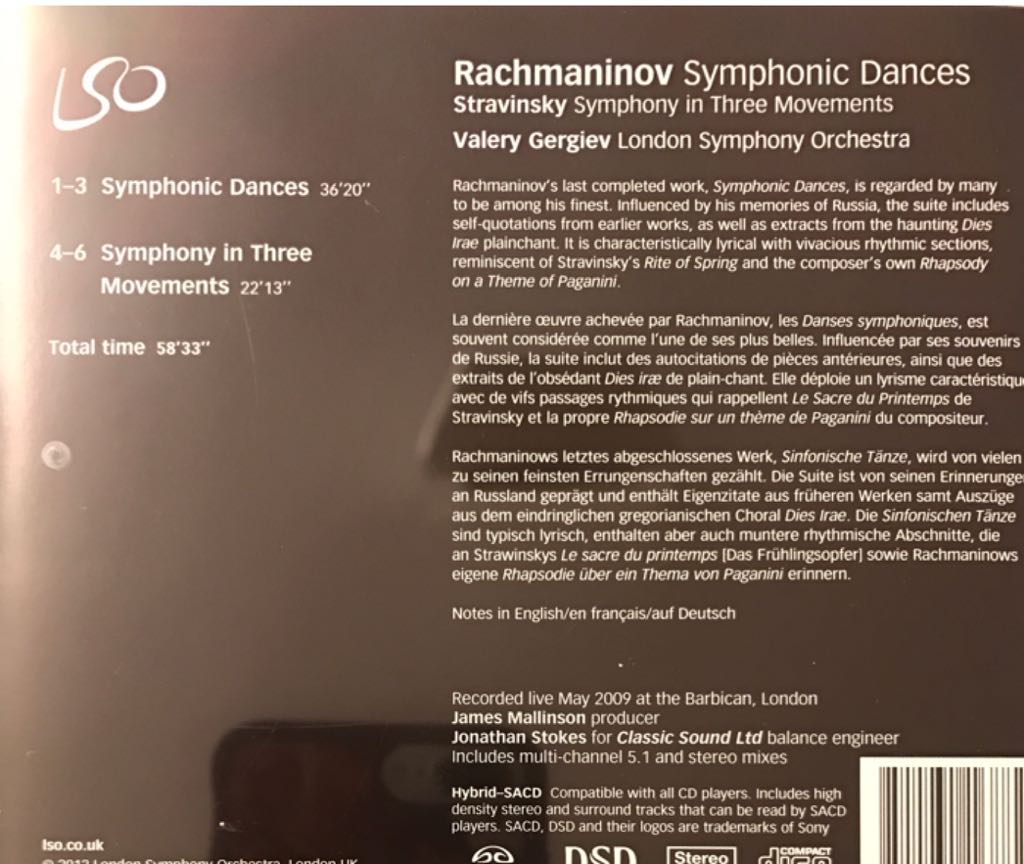Rachmaninov: Symphonic Dances - Valery Gergiev (SACD - 58) music collectible [Barcode 822231168829] - Main Image 2