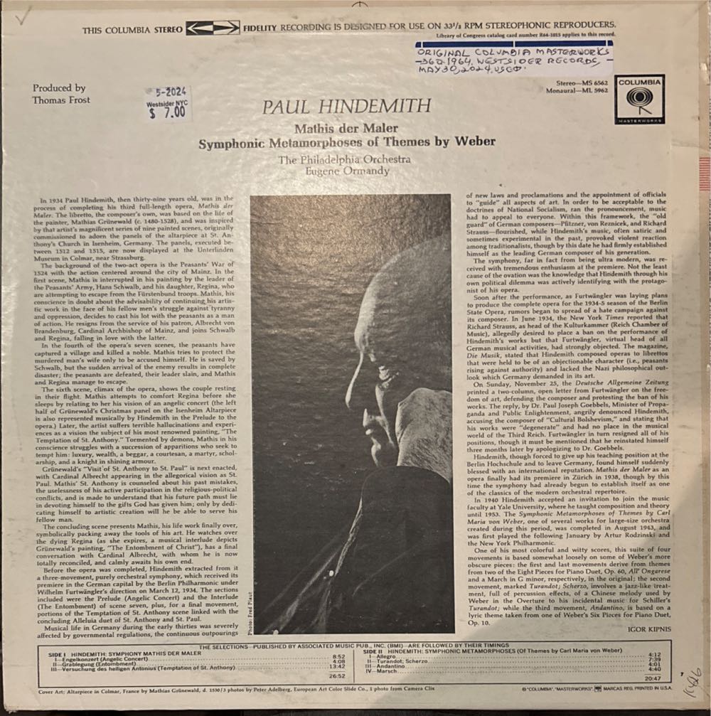 Hindemith ~ Mathis der Maler - Symphonie Â· Symphonic Metamorphosis of Themes by Carl Maria von Weber Â· Nobilissima visone - Suite / The Philadelphia Orchestra Â· Sawallisch - Paul Hindemith, Wolfgang Sawallisch, The Philadelphia Orchestra (12”) music collectible [Barcode 724355523020] - Main Image 2