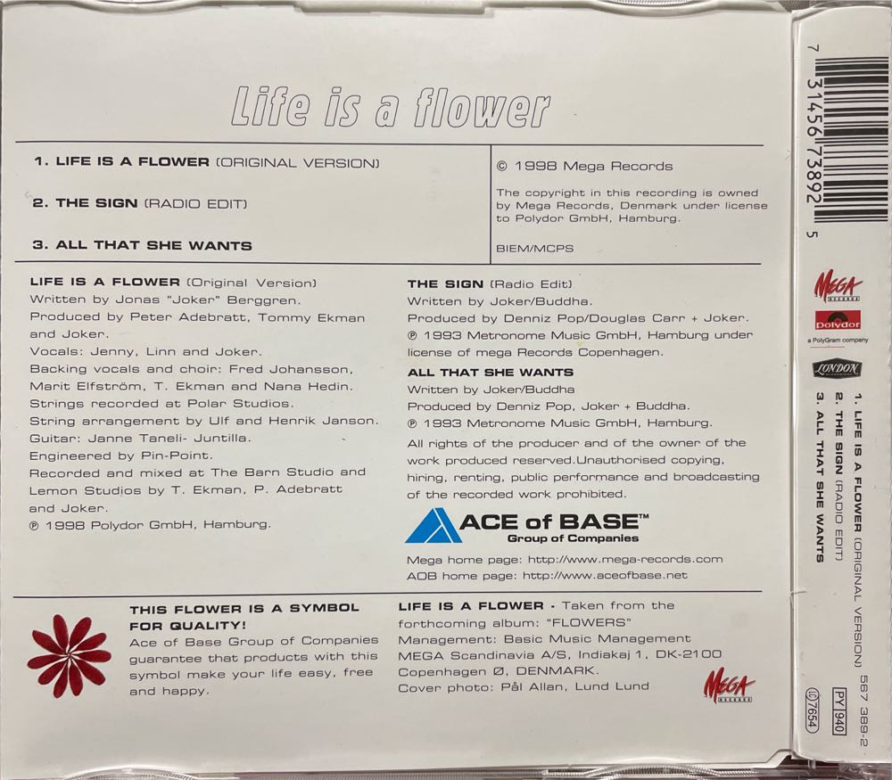 Life Is a Flower - Ace Of Base (CD) music collectible [Barcode 731456738925] - Main Image 2