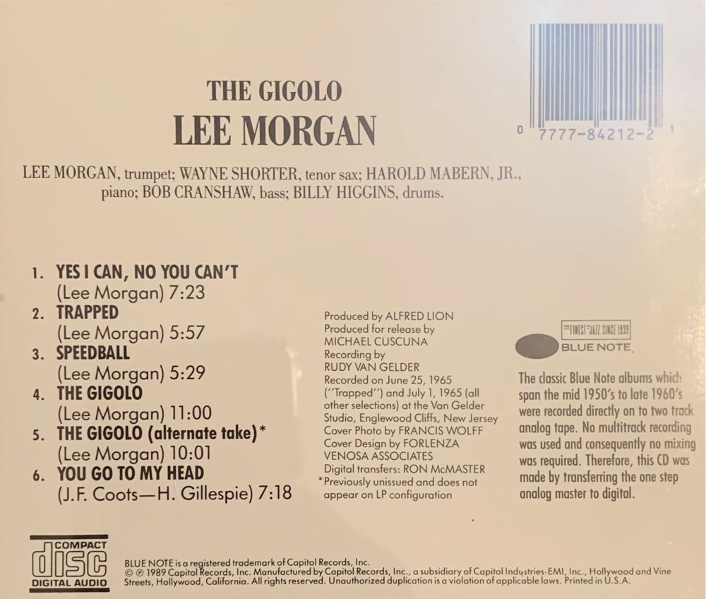 The Gigolo - Morgan, Lee (CD - 37:30) music collectible [Barcode 077778421221] - Main Image 3