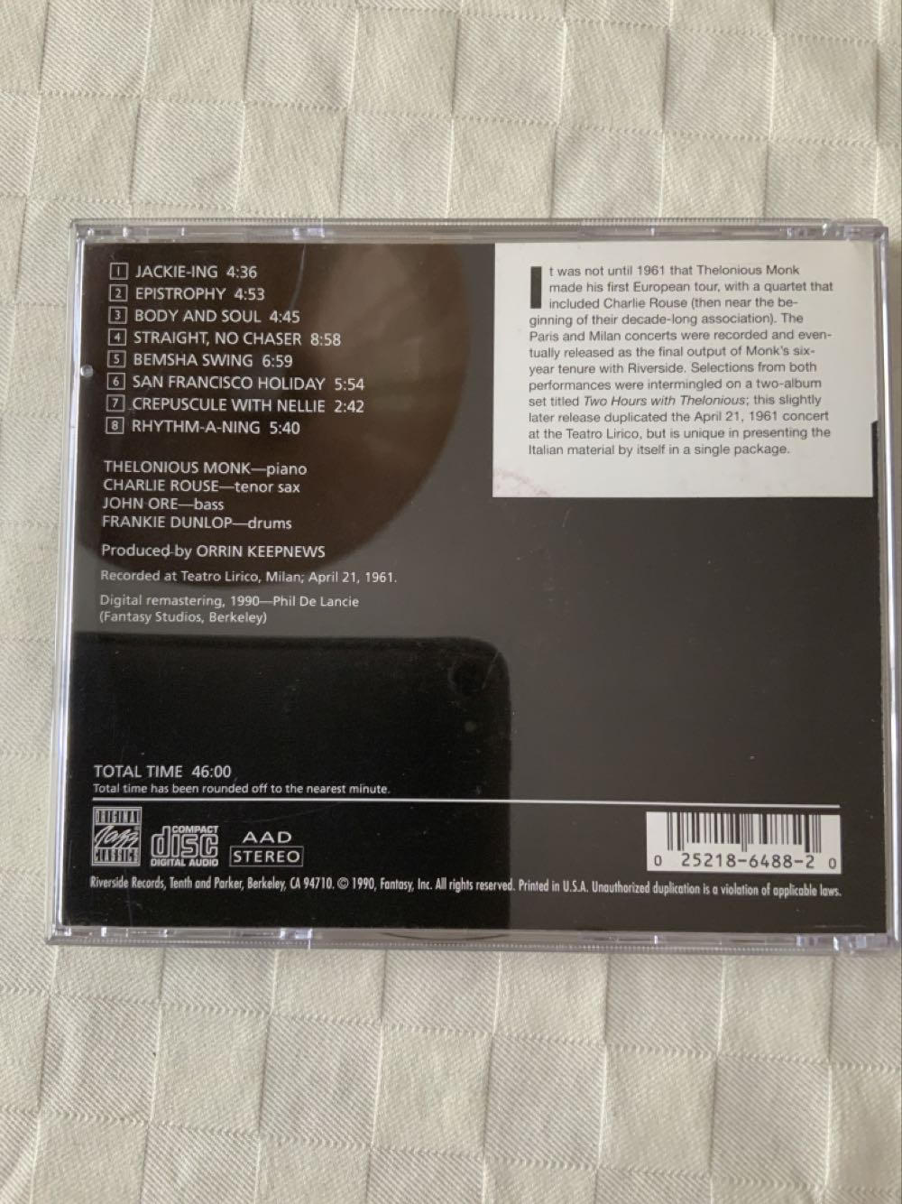 In Italy - Thelonious Monk (CD - 46) music collectible [Barcode 025218648820] - Main Image 2