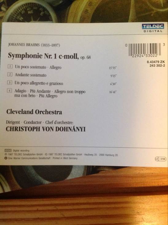 Brahms Symphony No 1 - Cleveland Orchestra - Christoph Von Dohnanyi music collectible [Barcode 022924330223] - Main Image 2