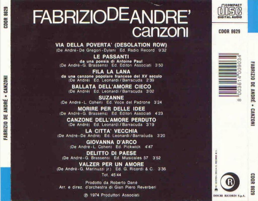 Canzoni - Fabrizio De André (12”) music collectible [Barcode 743218600128] - Main Image 2