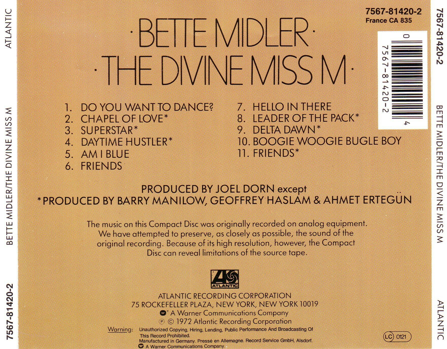 The Divine Miss M - Midler, Bette (CD) music collectible [Barcode 075678142024] - Main Image 2