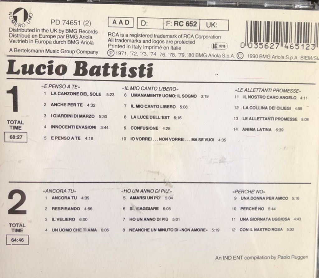 Lucio Battisti - Battisti Lucio (CD) music collectible [Barcode 035627465123] - Main Image 2