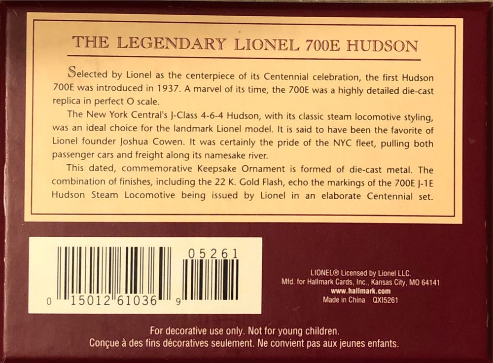 Lionel 100th Anniversary 700E J-1E Hudson Steam Locomotive - Lionel 100th Anniversary (Limited Edition) ornament collectible [Barcode 015012610369] - Main Image 4
