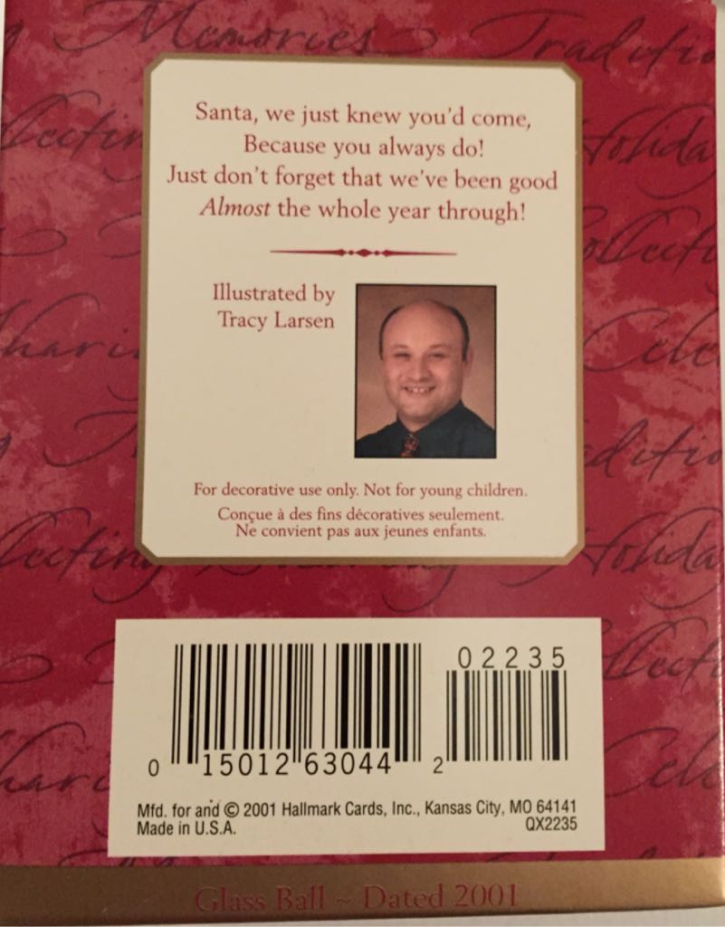 Hallmark Keepsake. Christmas. Glass Ornament. 2001. Jolly Visitor. Designed By Tracy Larsen. - Keepsake Glass Ball (Jolly Visitor) ornament collectible [Barcode 015012630442] - Main Image 2