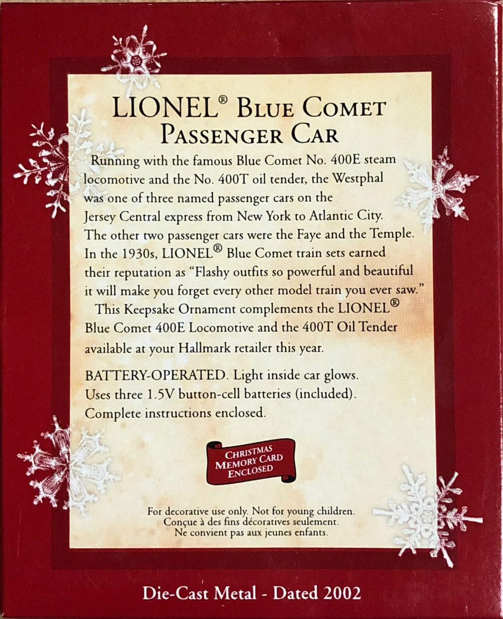Lionel Blue Comet Passenger Car - Lionel Train (Trains) ornament collectible [Barcode 015012656992] - Main Image 2