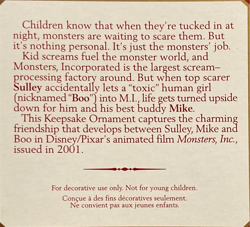 Monsters Inc.  |  Sulley, Mike, and ”Boo” - Disney Pixar Monsters Inc (Disney-Pixar Monster’s Inc) ornament collectible [Barcode 015012661460] - Main Image 3
