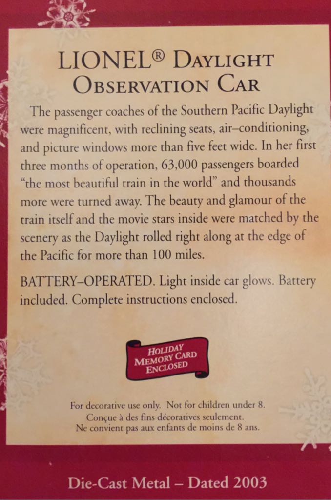 Lionel Daylight Observation Car - Lionel Train Series (Trains) ornament collectible [Barcode 015012738056] - Main Image 2