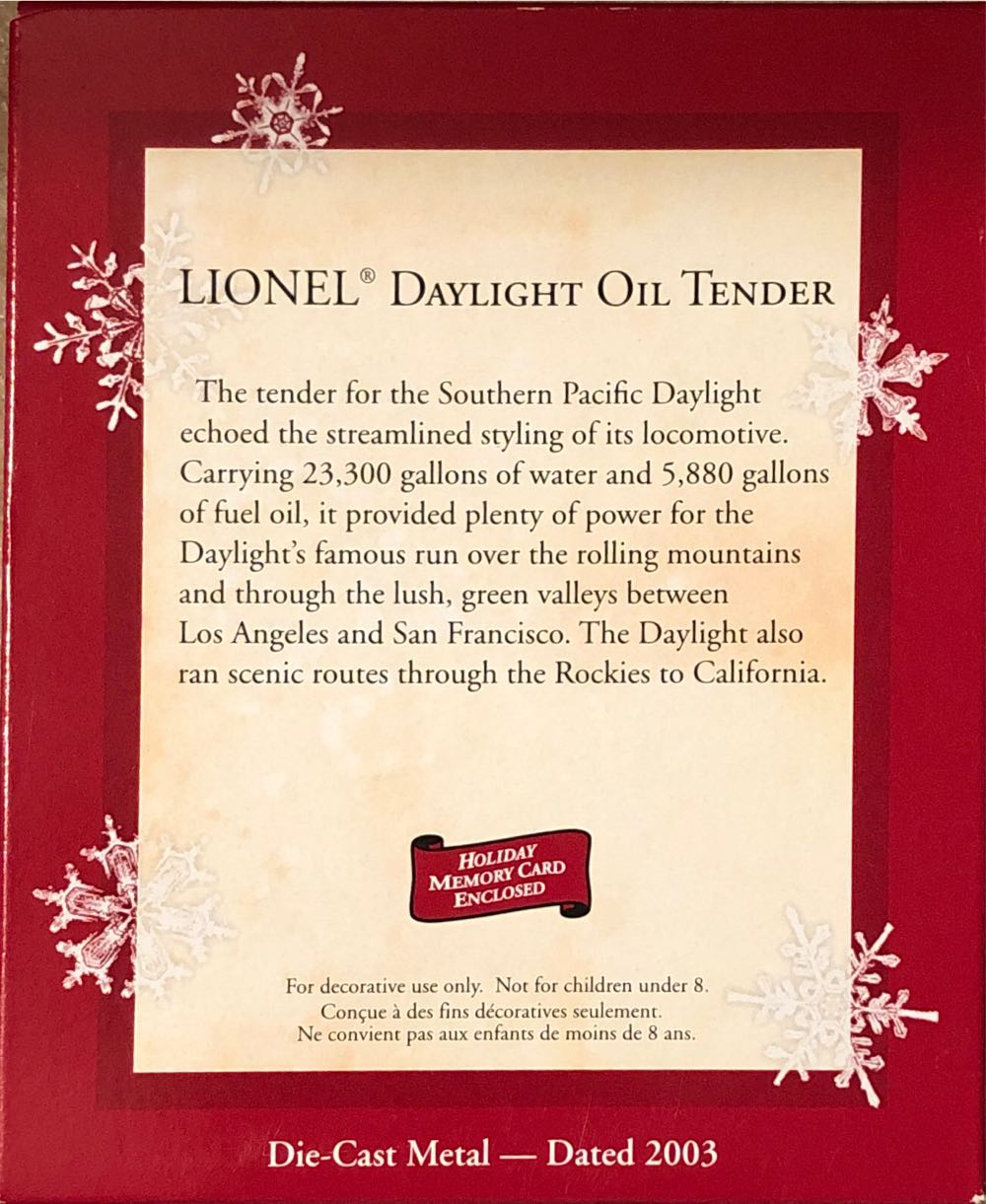 Lionel Daylight Oil Tender - Lionel Train Series (Trains) ornament collectible [Barcode 015012738063] - Main Image 2