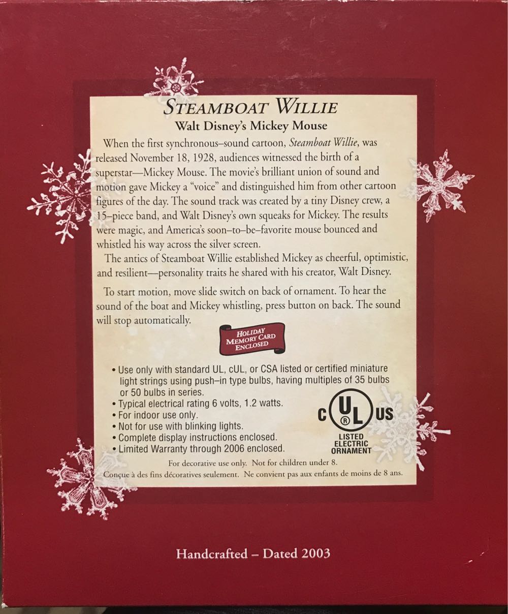 Steamboat Willie - Disney (Mickey Mouse) ornament collectible [Barcode 015012743883] - Main Image 3
