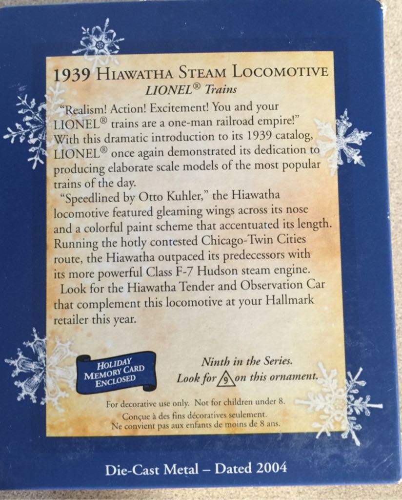Train-1939 Hiawatha Steam Locomotive - Lionel Trains (Trains) ornament collectible [Barcode 015012782080] - Main Image 2