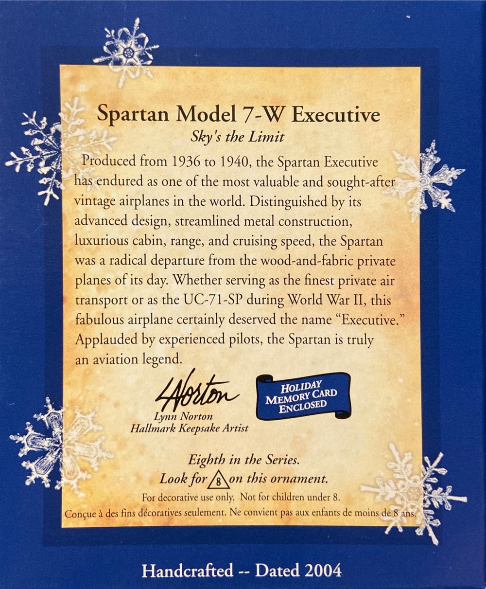Spartan Model 7W Executive - Sky’s The Limit (Aviation) ornament collectible [Barcode 015012810295] - Main Image 2