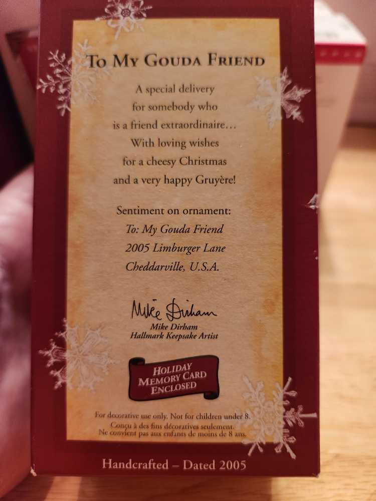 To My Gouda Friend - Keepsake Ornament Club (Mouse, Mailbox, Cheese, Food) ornament collectible [Barcode 015012881509] - Main Image 3