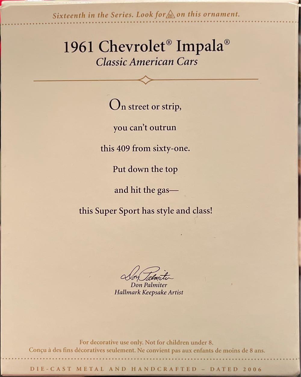 #16 1961 Chevrolet Impala #16 - Classic American Cars (Cars) ornament collectible [Barcode 015012922349] - Main Image 2