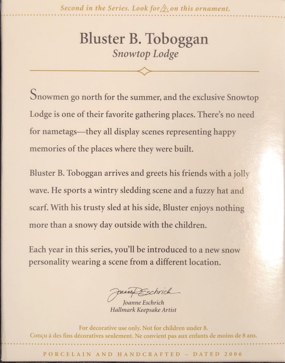 Snowtop Lodge #2 Bluster B. Toboggan - Snowtop Lodge (Snowman) ornament collectible [Barcode 015012939361] - Main Image 4