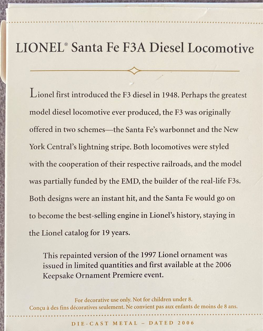 Santa Fe F3A Diesel Locomotive - Lionel Train Series (Trains) ornament collectible [Barcode 015012958386] - Main Image 2