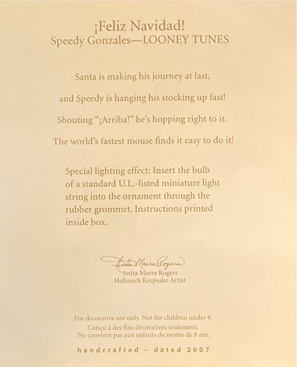 Feliz Navidad Speedy Gonzales - Looney Tunes (Speedy Gonzales-Looney Tunes) ornament collectible [Barcode 015012975420] - Main Image 2