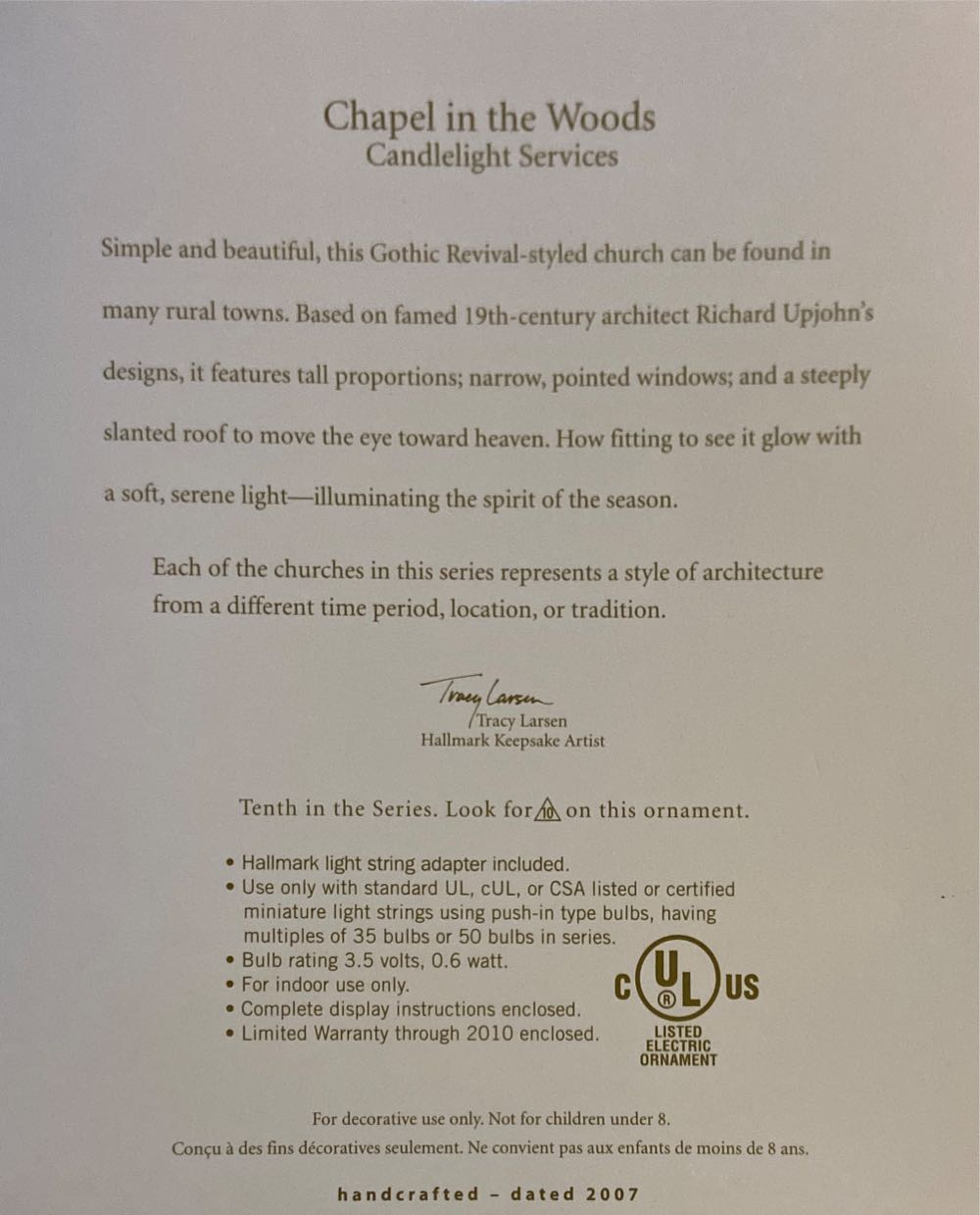 #10 Chapel In The Woods (2007) - Candlelight Services (Churches) ornament collectible [Barcode 015012975680] - Main Image 2