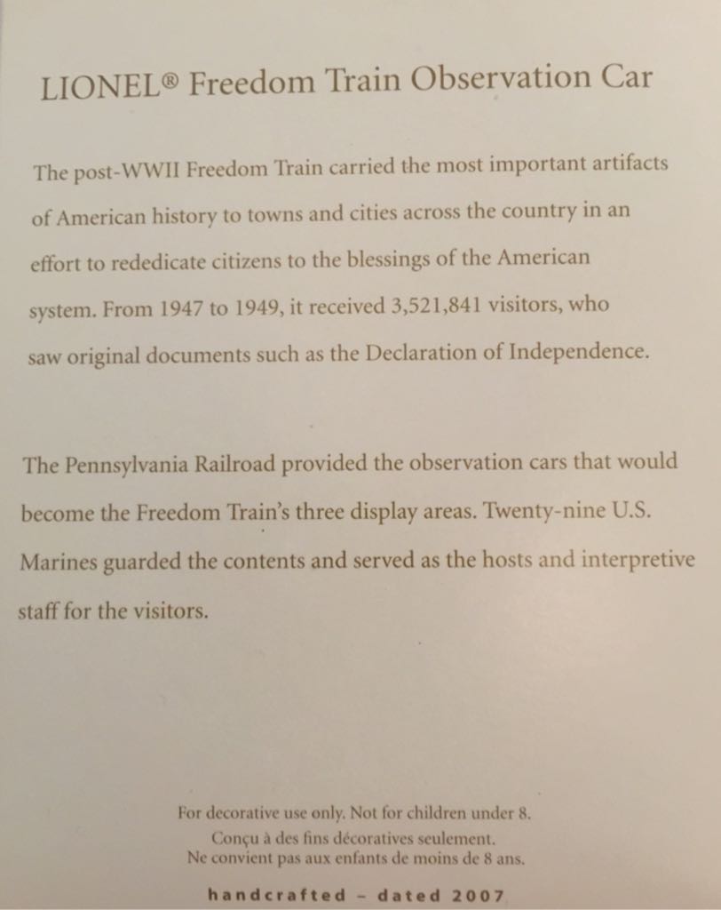 Lionel Freedom Train Observation Car - Lionel Train Series (Trains) ornament collectible [Barcode 015012979091] - Main Image 2
