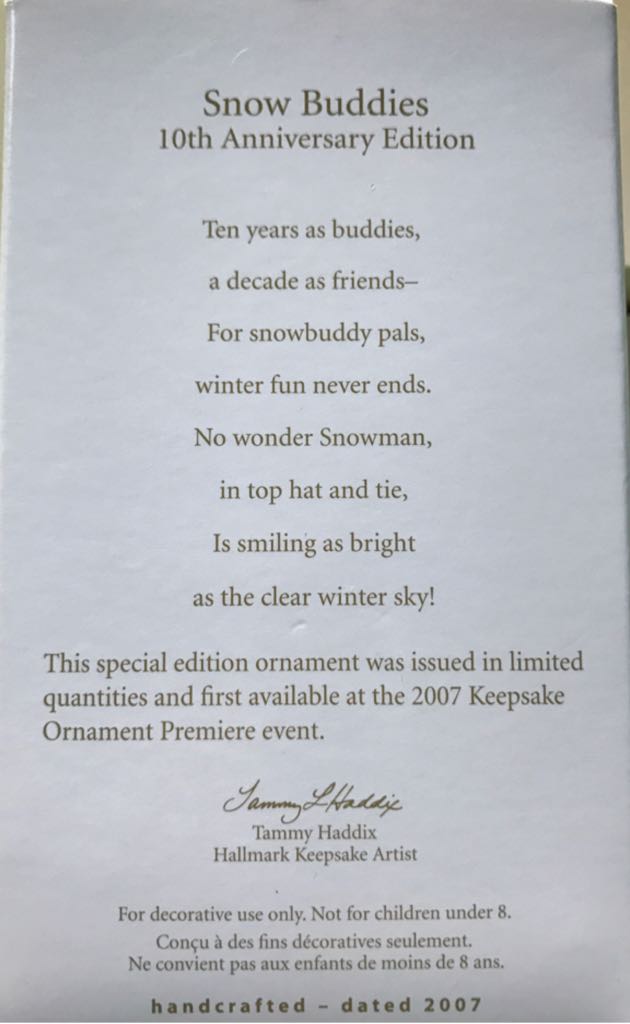 Snow Buddies 10th Anniversary (2007) 🐶 - Snow Buddies (Snowman) ornament collectible [Barcode 015012992748] - Main Image 2