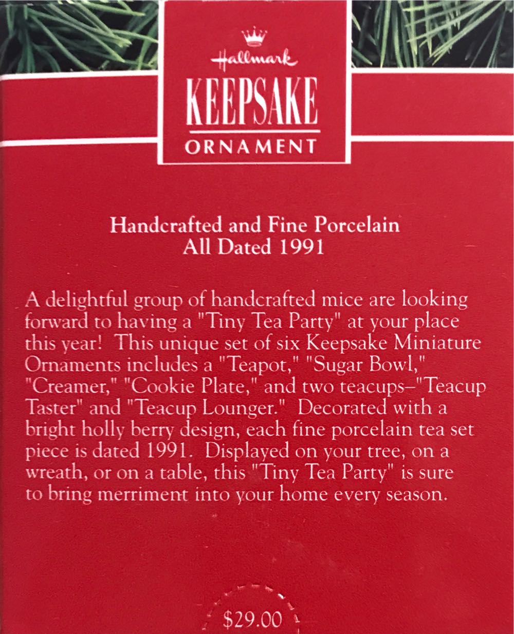 Hallmark Keepsake. Christmas. Miniature Mice. 1991. Tiny Tea Party. Designed By Ed Seale. - Minature Tender Touches Mice (Tiny Tea Party) ornament collectible [Barcode 070000044366] - Main Image 2