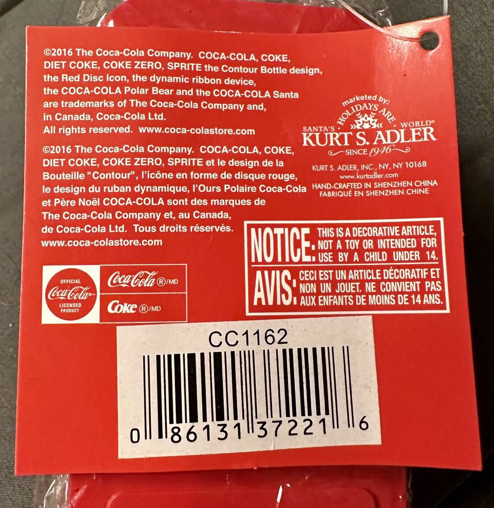Coca-Cola Christmas Ornament  ornament collectible [Barcode 086131372216] - Main Image 4