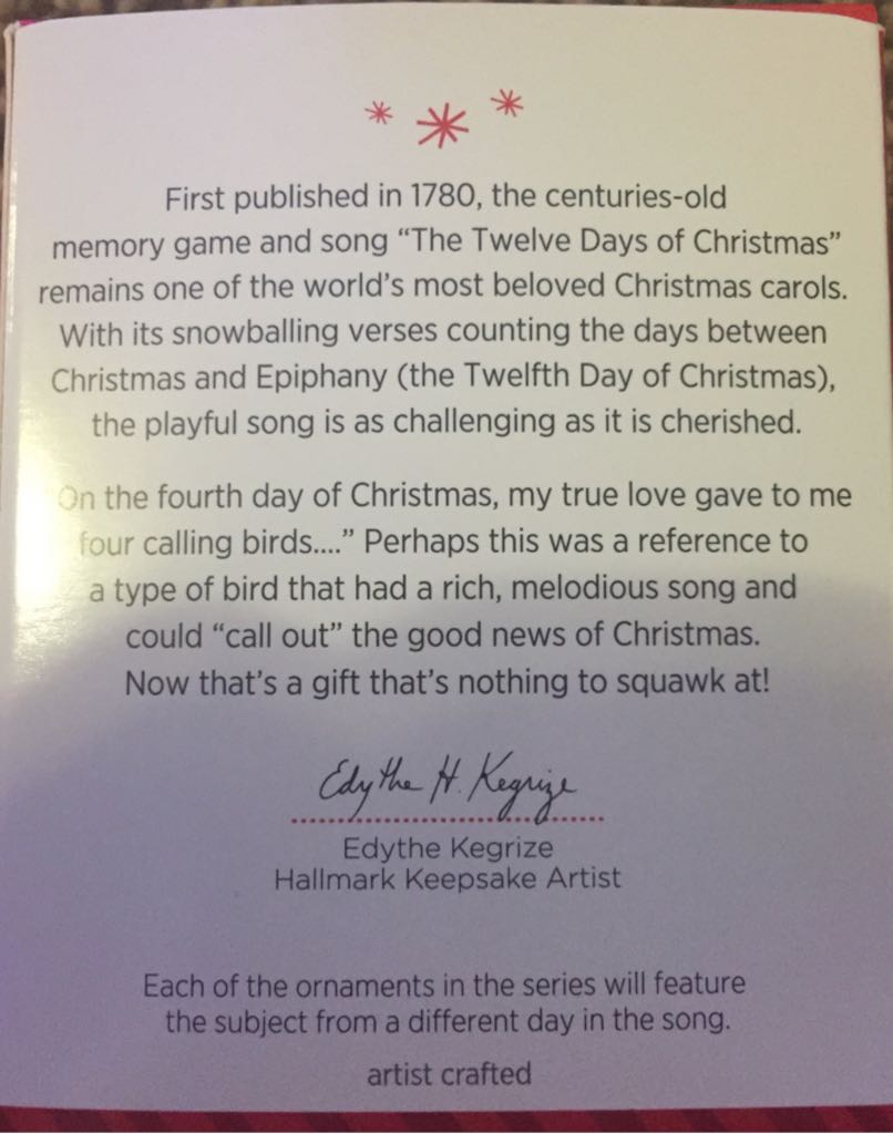 Twelve Days Of Christmas #4: Four Calling Birds - Twelve Days Of Christmas (#4 Twelve Days Of Christmas) ornament collectible [Barcode 2797201402402] - Main Image 2