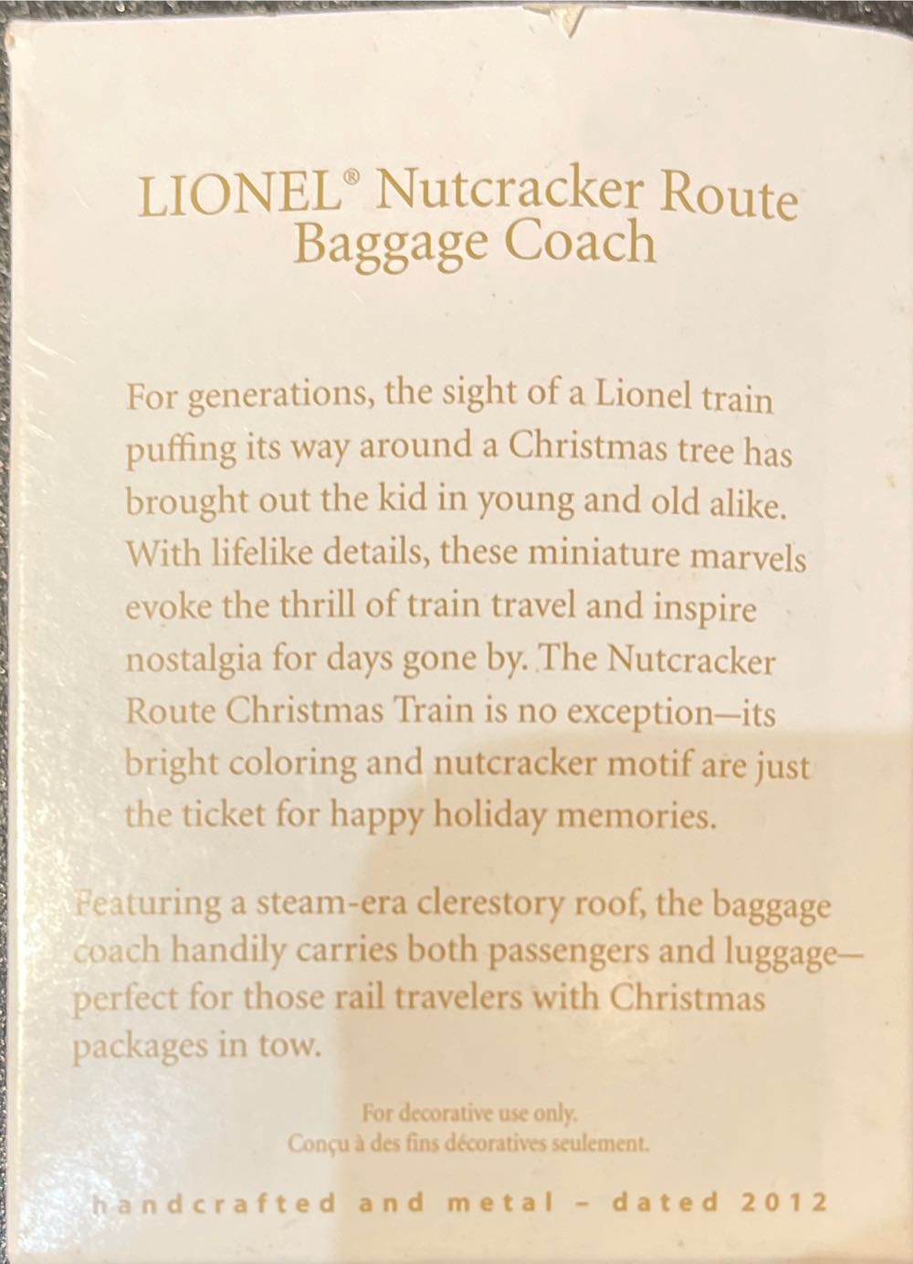 Lionel Nutcracker Route Baggage Coach - Lionel Trains (Keepsake) ornament collectible [Barcode 6721202243463] - Main Image 2