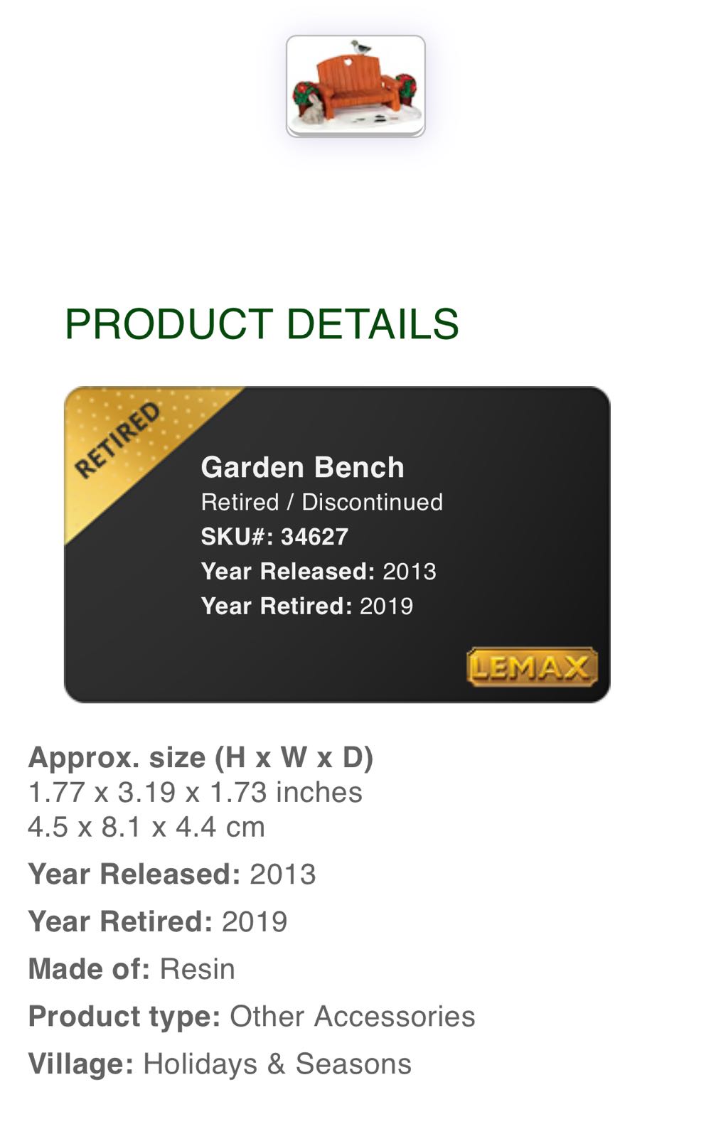 Garden Bench #34627 - General Products (Village Accessories) ornament collectible [Barcode 728162346278] - Main Image 2