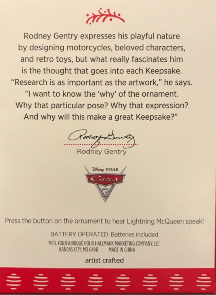 Lightning McQueen - Hallmark Keepsake (Cars) ornament collectible [Barcode 763795242009] - Main Image 2