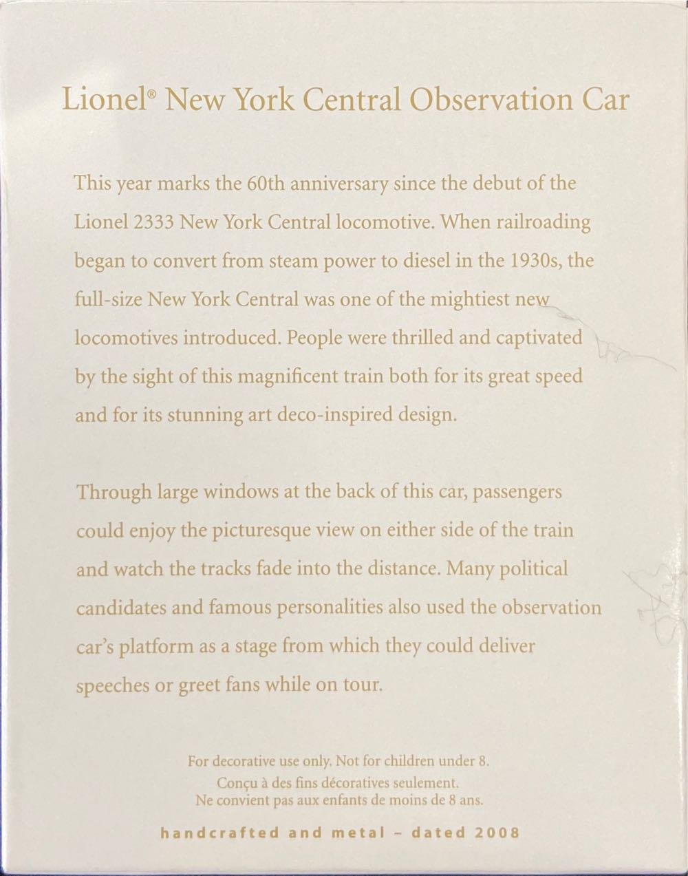 New York Central Observation Car - Lionel Train Series (Trains) ornament collectible [Barcode 795902020859] - Main Image 3