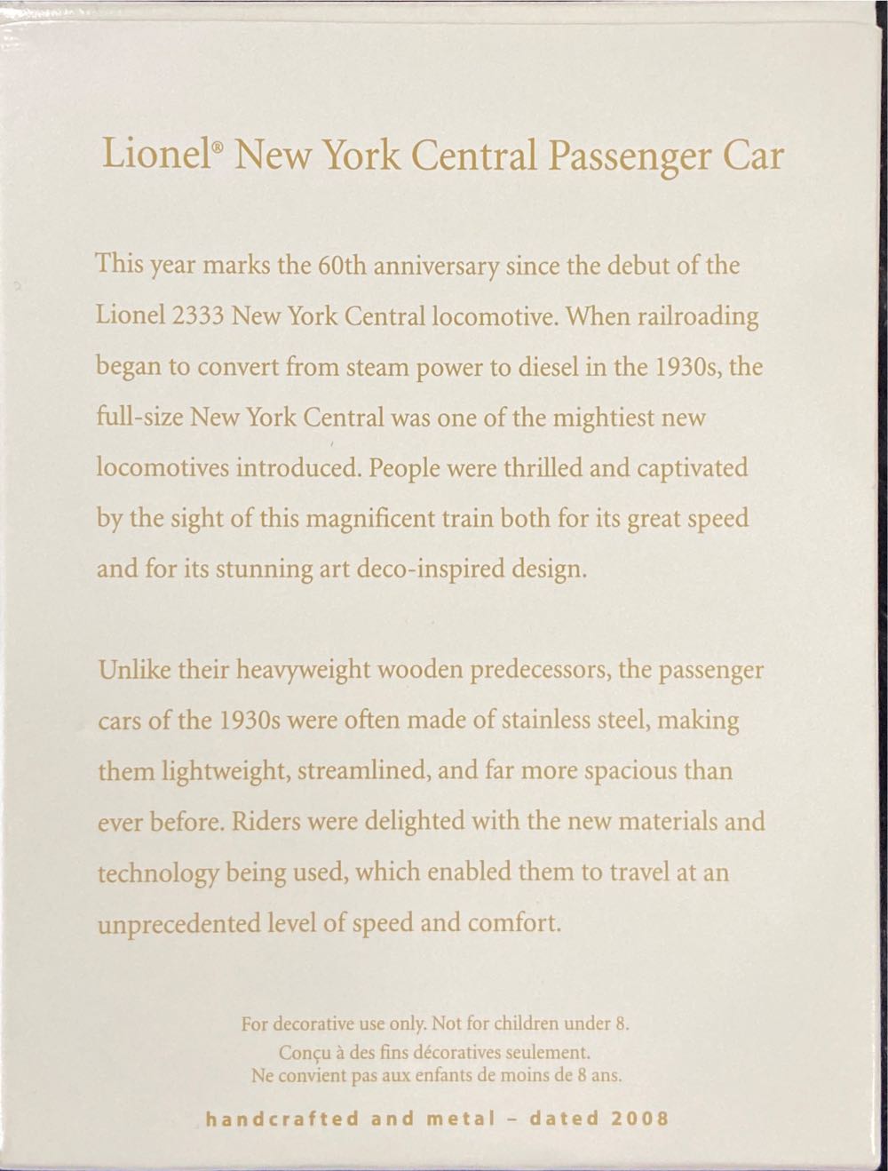 Lionel New York Central Passenger Car - Lionel Train Series (Trains) ornament collectible [Barcode 795902020873] - Main Image 2