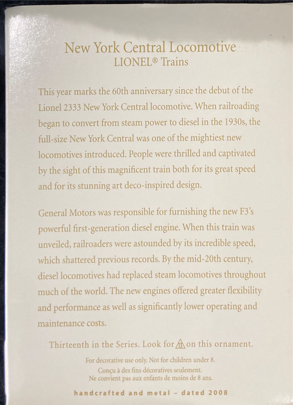 New York Central Locomotive - Lionel Train Series (Trains) ornament collectible [Barcode 795902037390] - Main Image 2