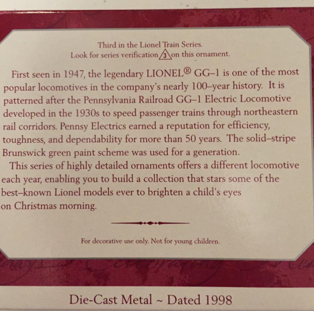 Pennsylvania GG-1 Locomotive - Lionel Trains (Collector’s Series) ornament collectible [Barcode 015012432305] - Main Image 2