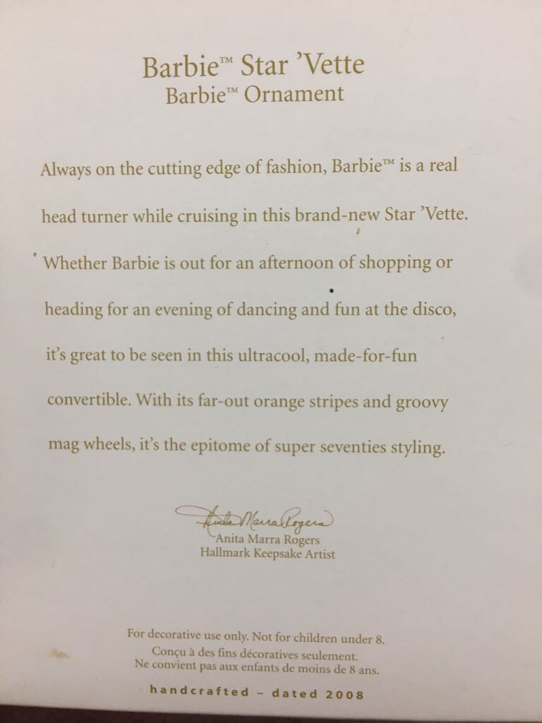 Barbie Star ‘Vette - Hallmark Keepsake (Barbie) ornament collectible [Barcode 795902046163] - Main Image 2
