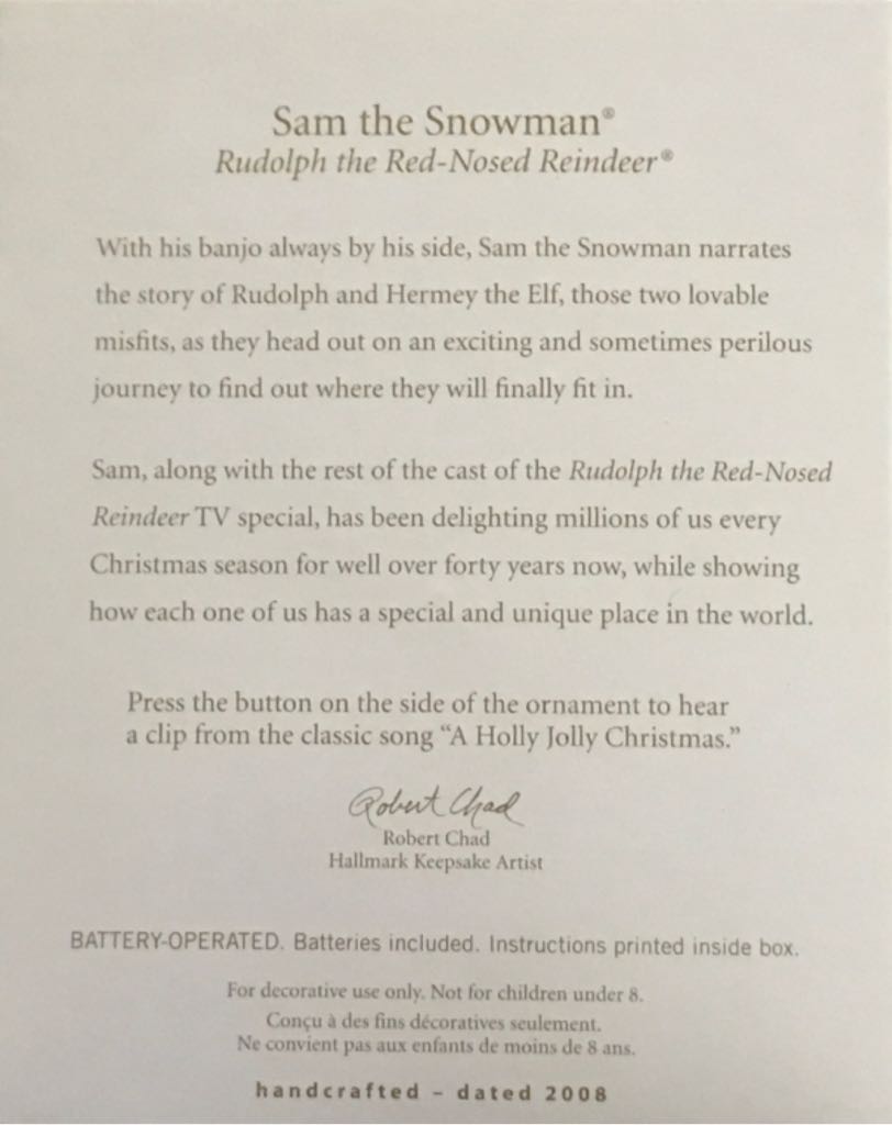 Sam The Snowman - Rudolph The Red-Nosed Reindeer (Rudolph The Red-Nosed Reindeer) ornament collectible [Barcode 795902056476] - Main Image 2