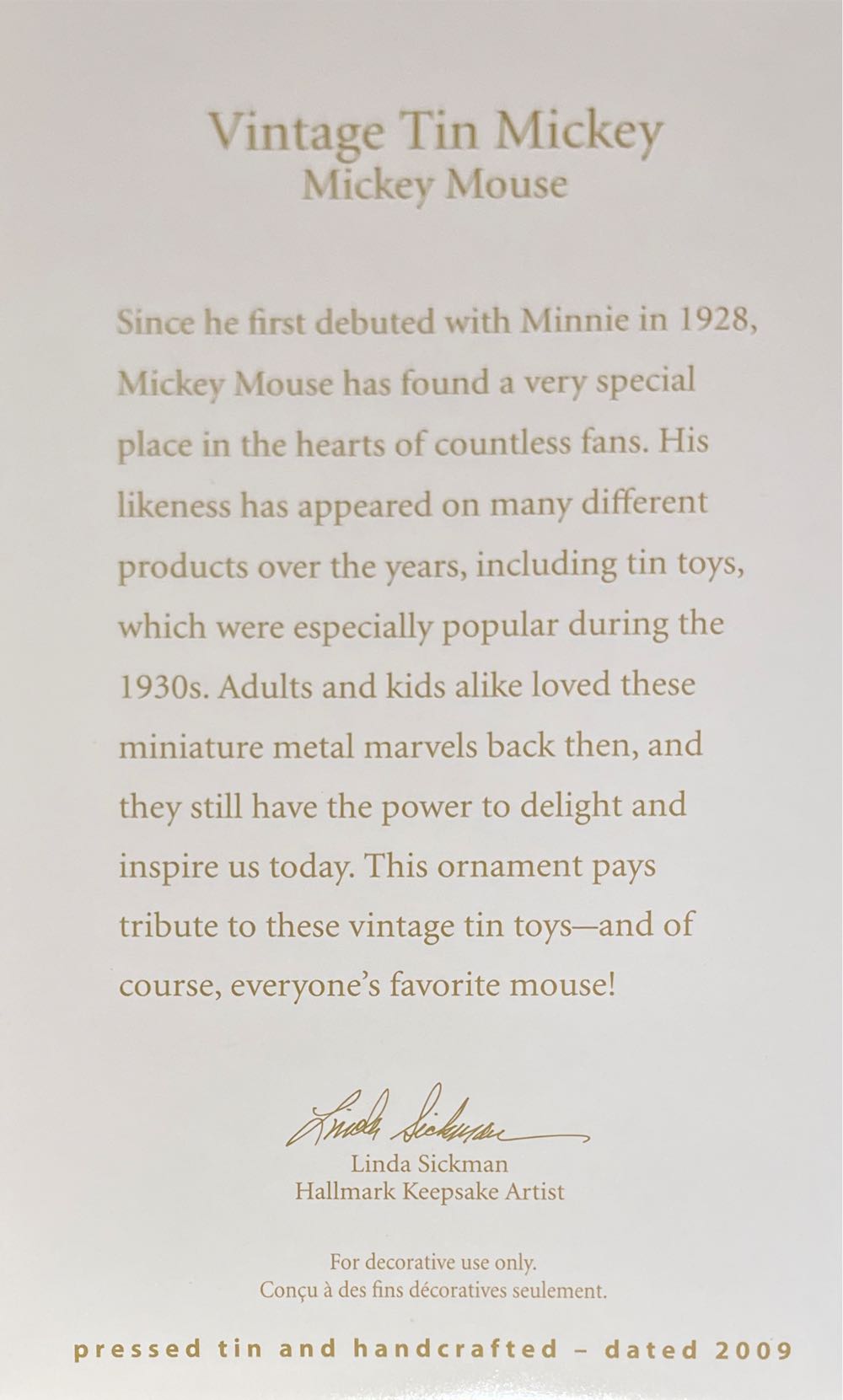Vintage Tin Mickey - Disney (Mickey Mouse) ornament collectible [Barcode 795902081805] - Main Image 4