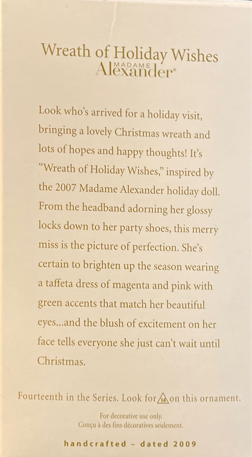Wreath Of Holiday Wishes #14 - Madame Alexander (Madame Alexander) ornament collectible [Barcode 795902088385] - Main Image 3