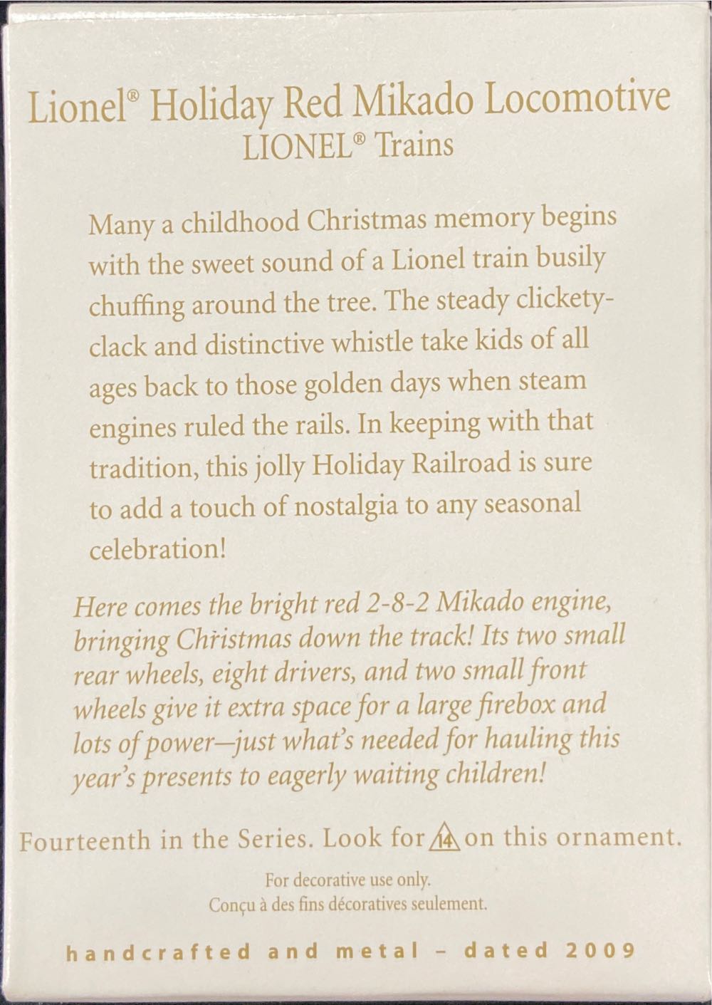 LT#14  Lionel Holiday Red Mikado Locomotive - Lionel Trains (Trains) ornament collectible [Barcode 795902088552] - Main Image 2