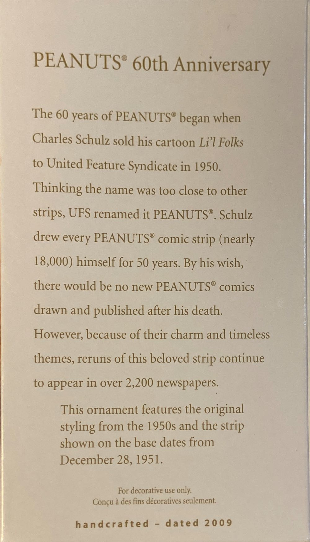 Peanuts 60th Anniversary - Peanuts Non-Christmas (Peanuts) ornament collectible [Barcode 795902100742] - Main Image 2