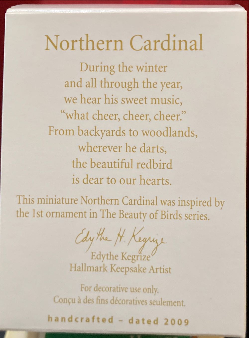 Northern Cardinal - Beauty Of Birds Miniature (Miniature) ornament collectible [Barcode 795902100872] - Main Image 2