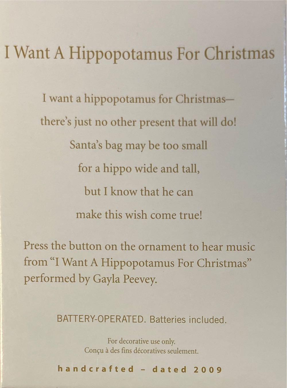 I Want A Hippopotamus For Christmas - Hallmark Keepsake (Magic) ornament collectible [Barcode 795902121396] - Main Image 2
