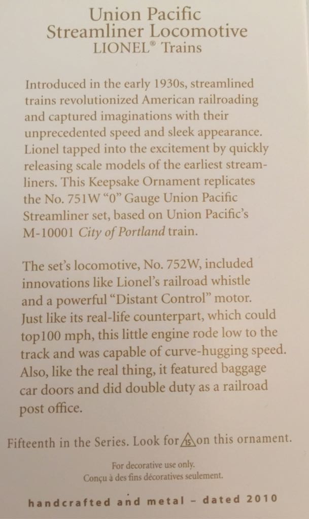 Union Pacific Streamliner Locomotive - Lionel Train Series (Trains) ornament collectible [Barcode 795902133825] - Main Image 2