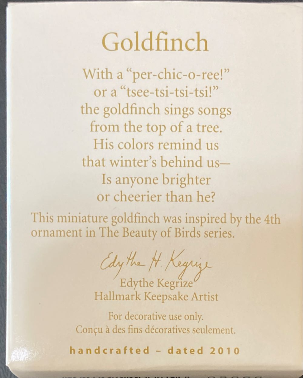 Goldfinch 2010 - Beauty Of Birds Miniature (Miniature) ornament collectible [Barcode 795902133856] - Main Image 2